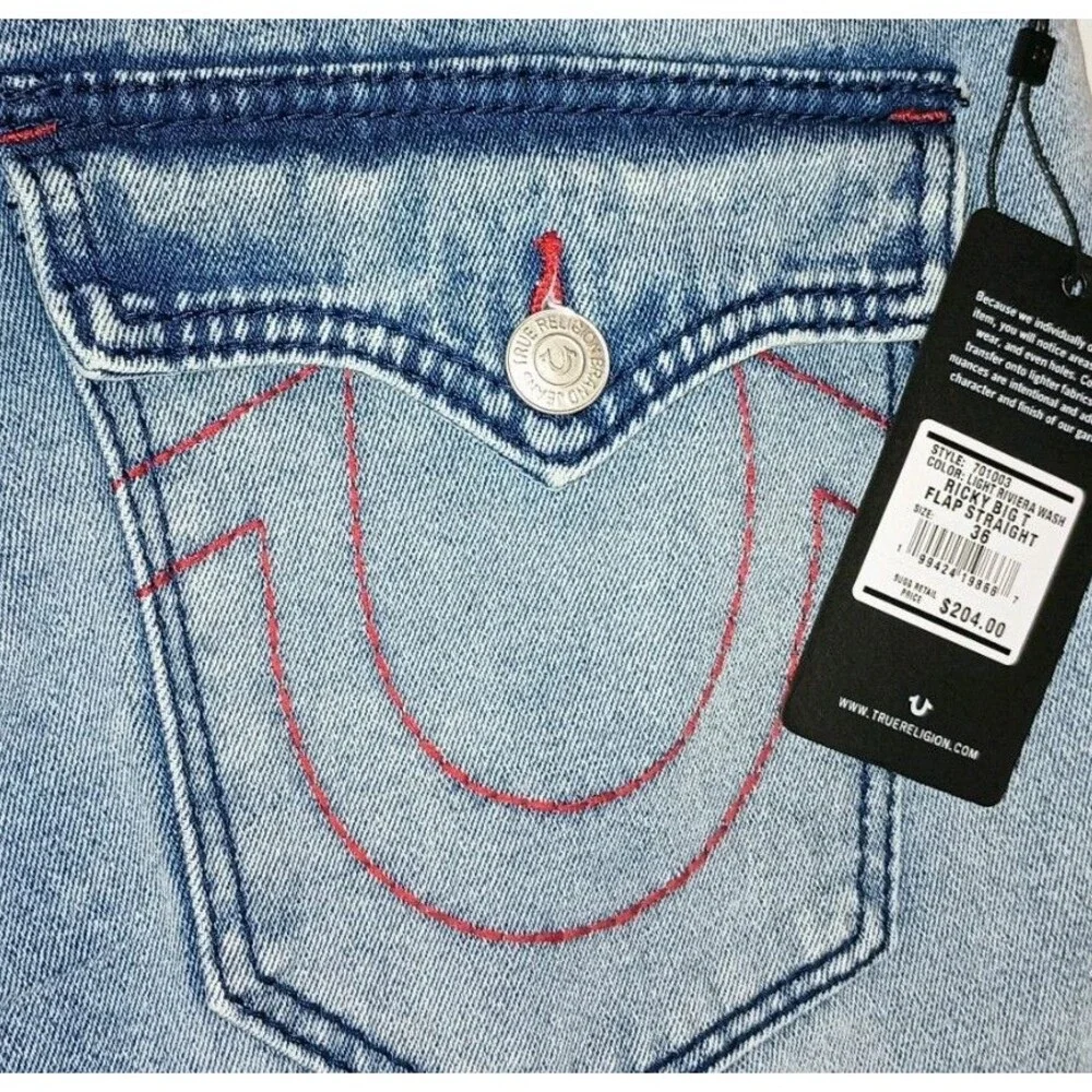 TRUE  RELIGION Light Wash Denim Cotton Relaxed Straight Flap Jeans (XP0053) NEW